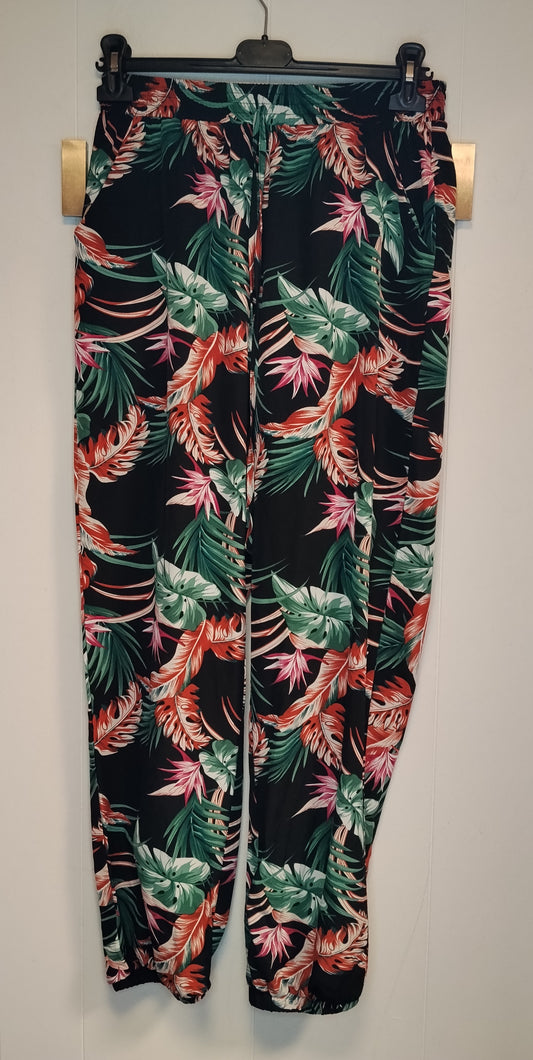 Pantaloni Donna Fantasia Tropicale Neri Taglia L Vita Elasticizzata