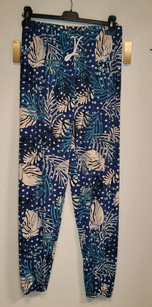 Pantaloni Donna Fantasia Tropicale Blu Taglia XL Vita Elasticizzata