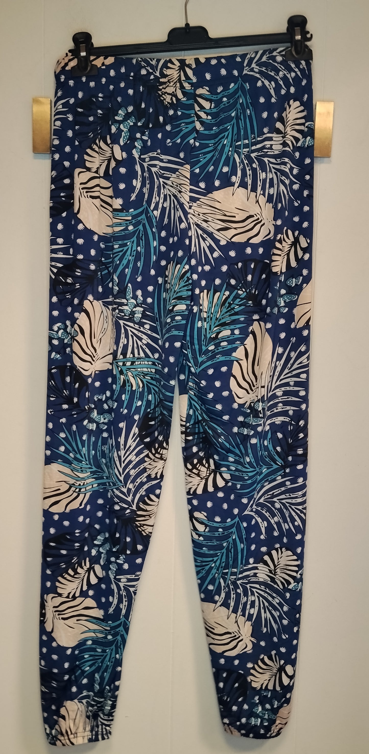 Pantaloni Donna Fantasia Tropicale Blu Taglia XL Vita Elasticizzata
