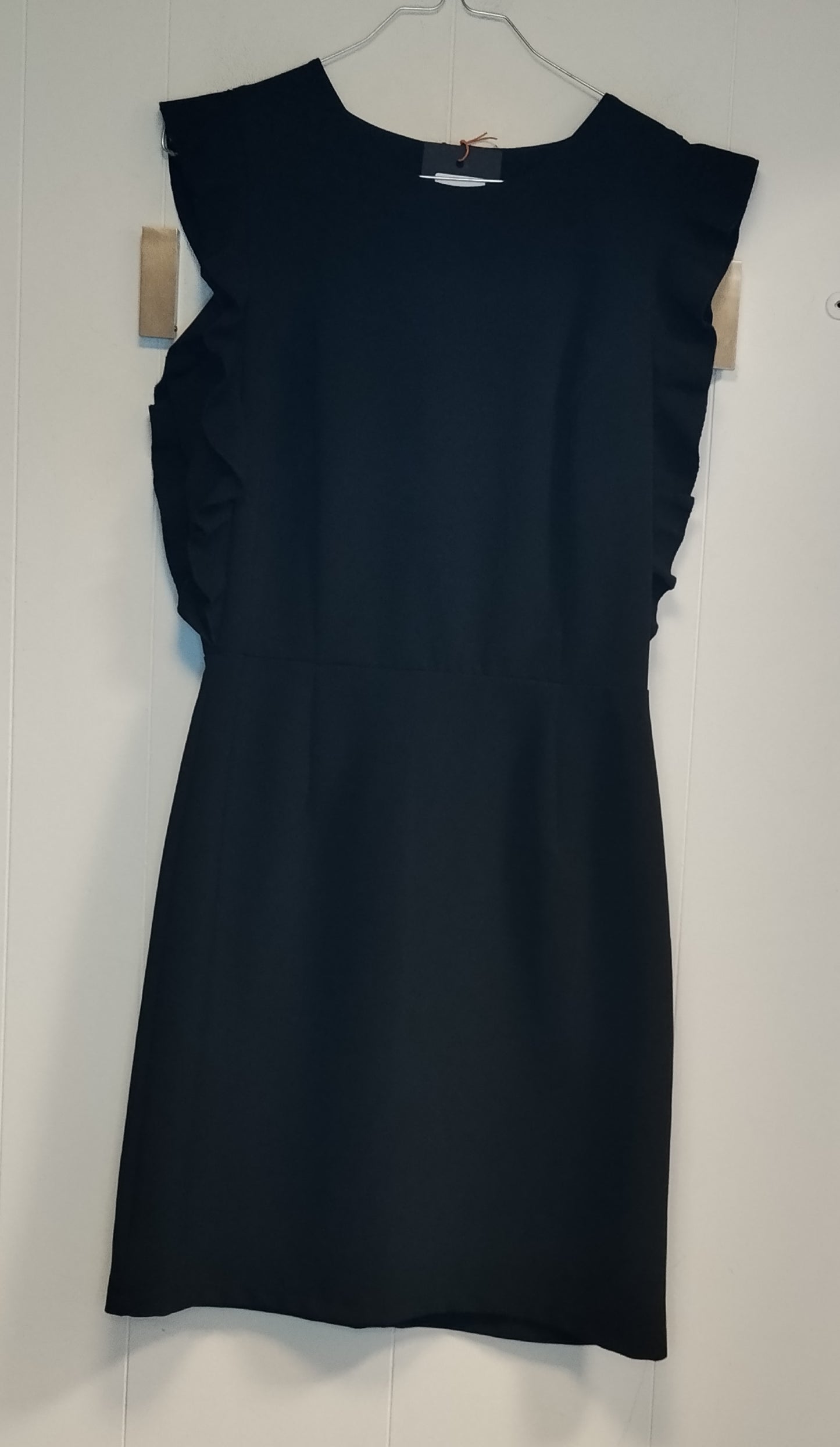 Vestito Donna Nero Elegante Taglia M Tubino Midi con Volant sulle Spalle