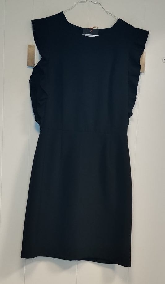 Vestito Donna Nero Elegante Taglia M Tubino Midi con Volant sulle Spalle