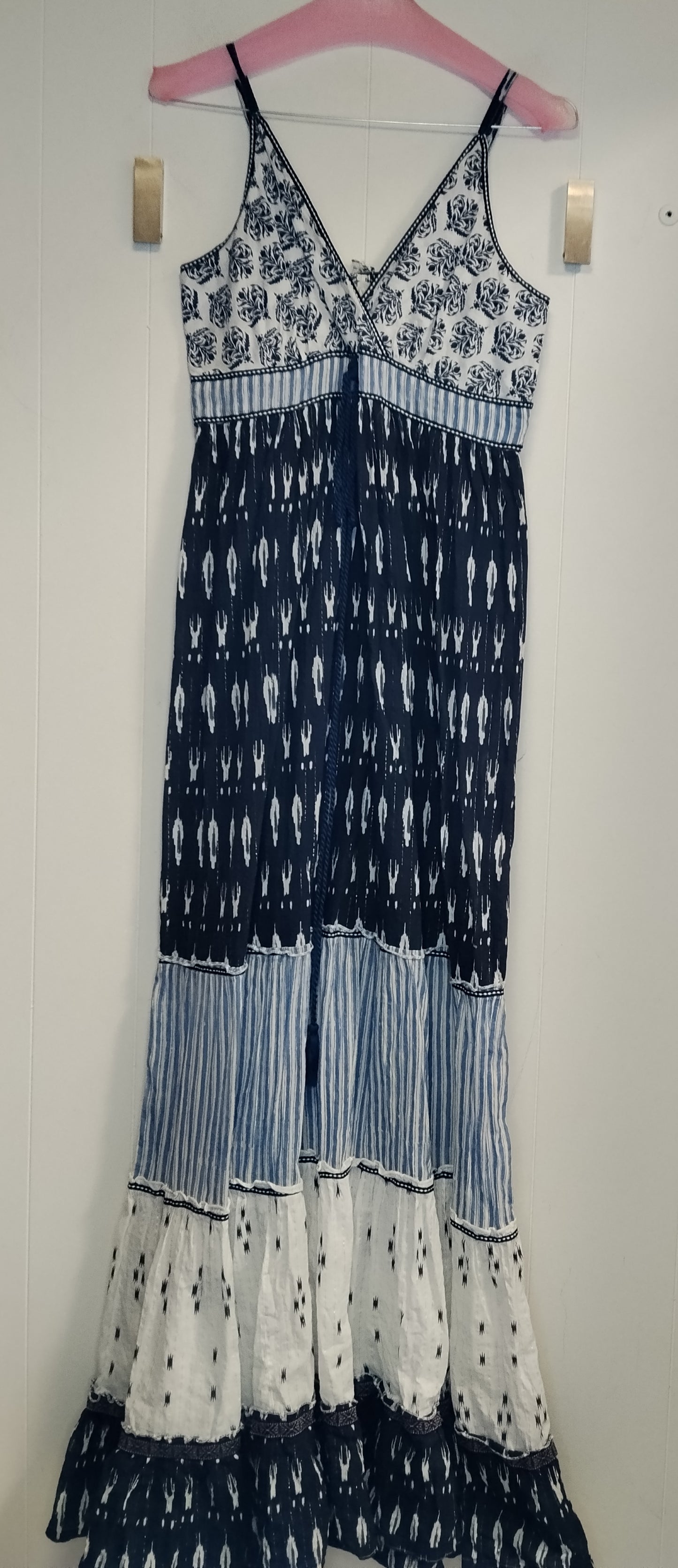 Abito Lungo Donna Blu e Bianco Stile Boho Taglia S Maxi Dress Estivo con Spalline