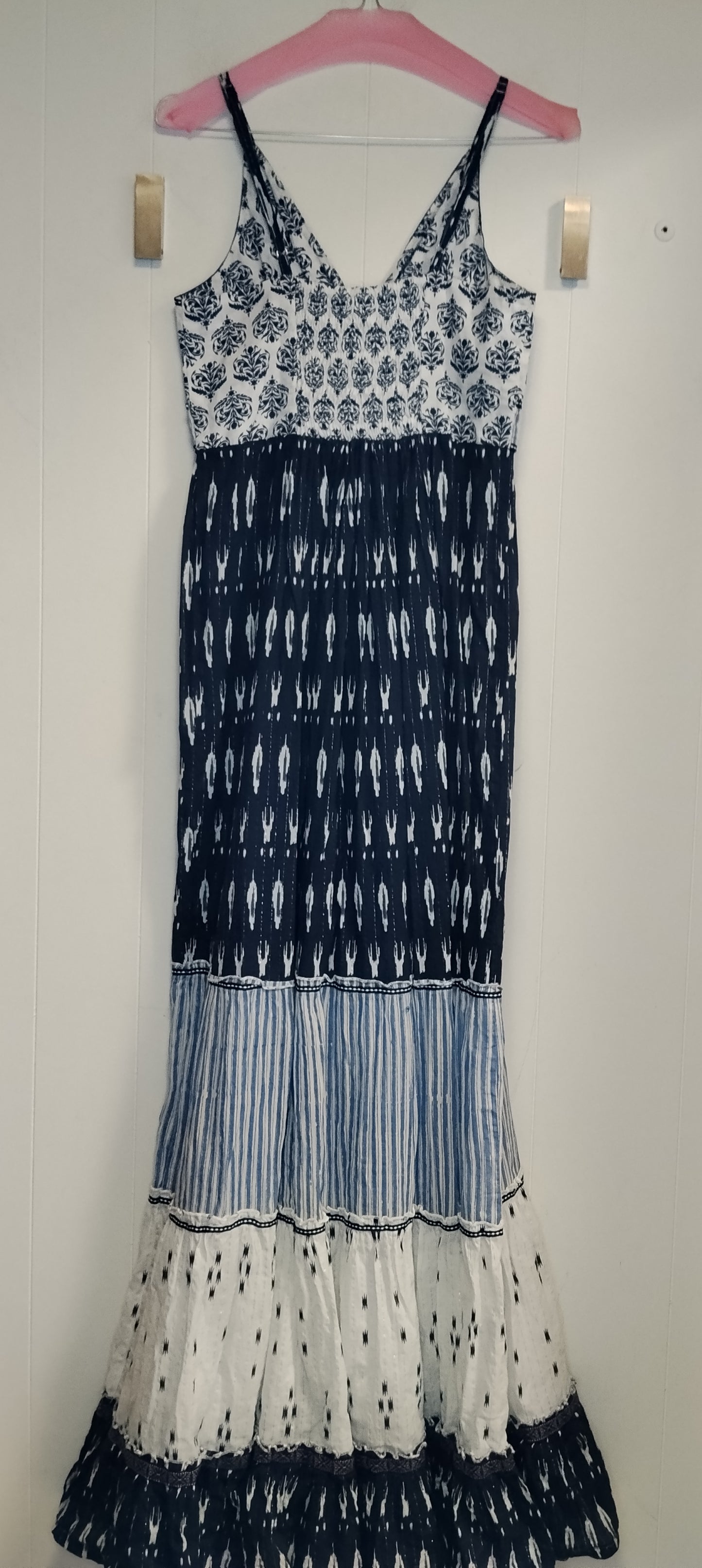 Abito Lungo Donna Blu e Bianco Stile Boho Taglia S Maxi Dress Estivo con Spalline