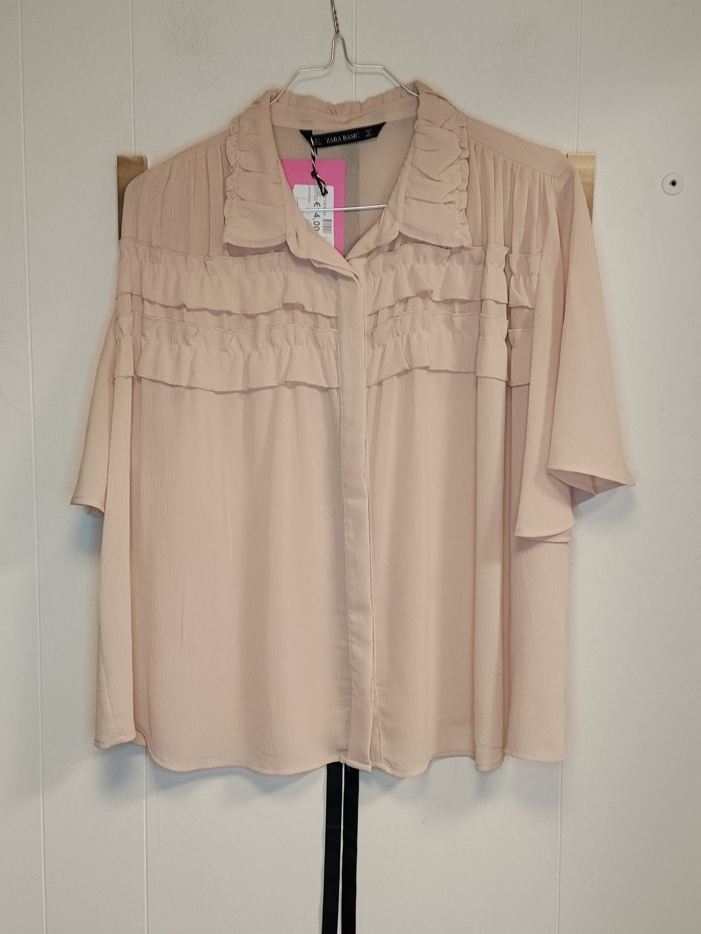 Blusa Zara Basic Rosa Cipria Donna Taglia L con Volant e Colletto Romantico