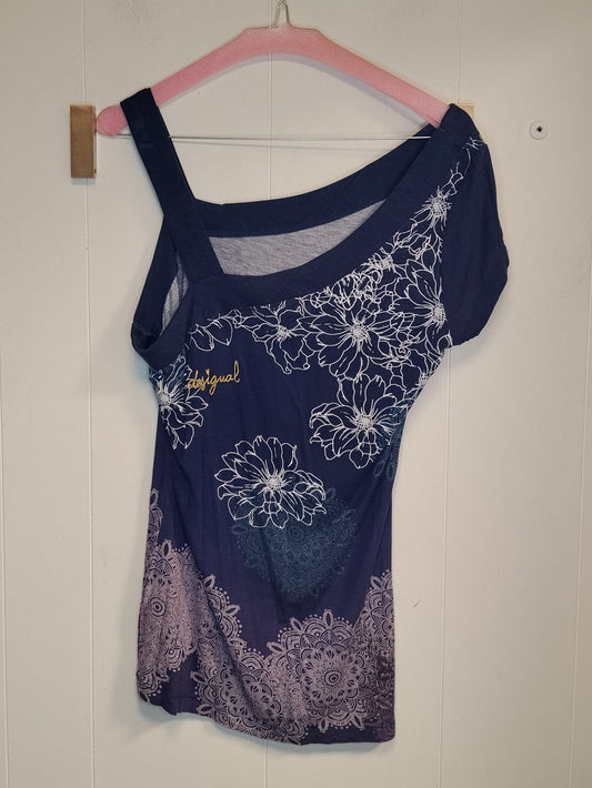 Maglia Desigual Donna Blu Fantasia Floreale Taglia M Scollo Asimmetrico