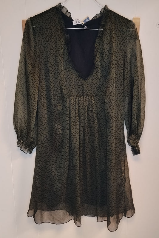 Vestito Zara Donna Verde Militare Pois Taglia M Abito Chiffon Manica Lunga