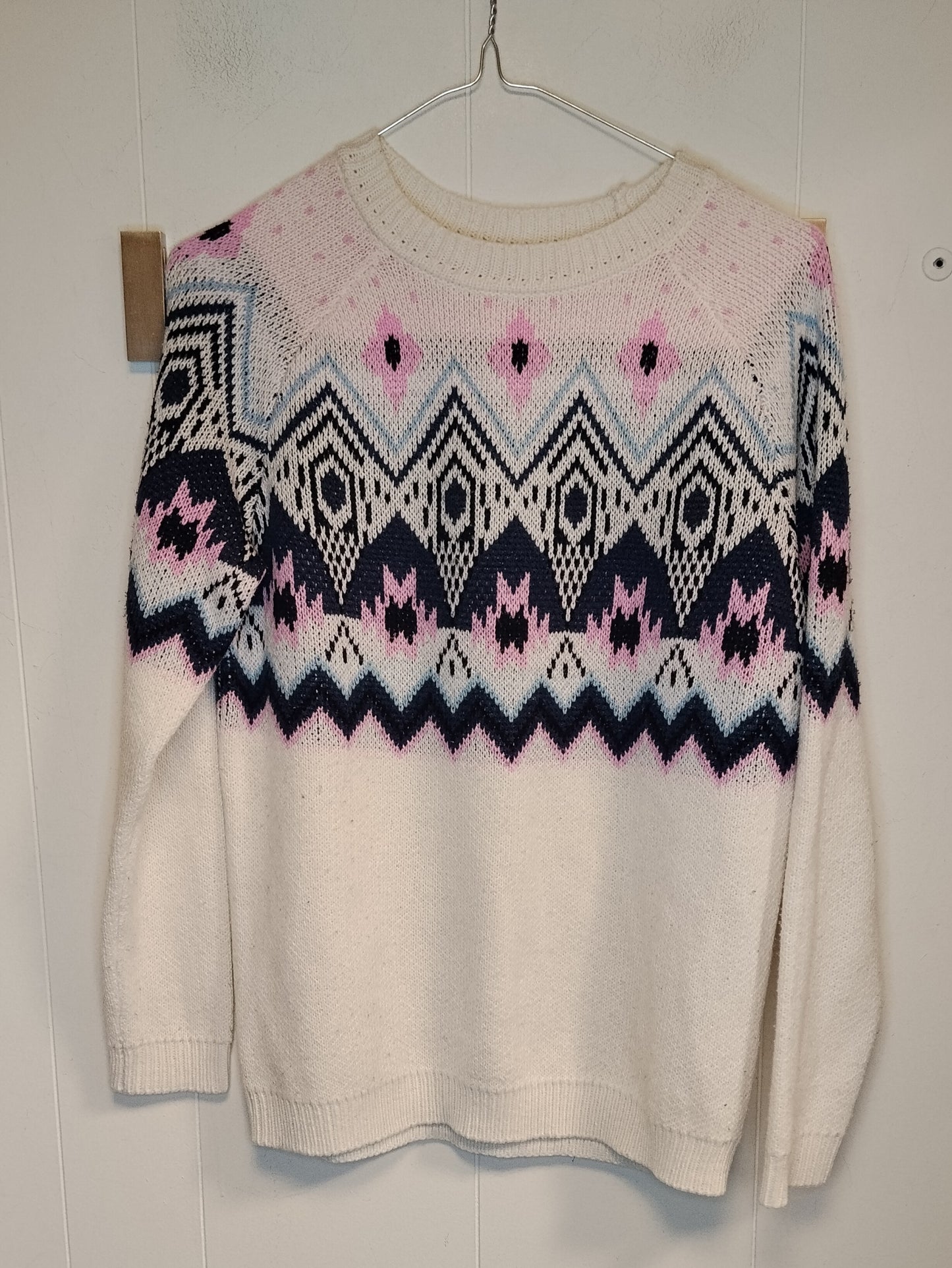 Maglione Donna H&M Fantasia Jacquard Bianco Rosa Blu Taglia S