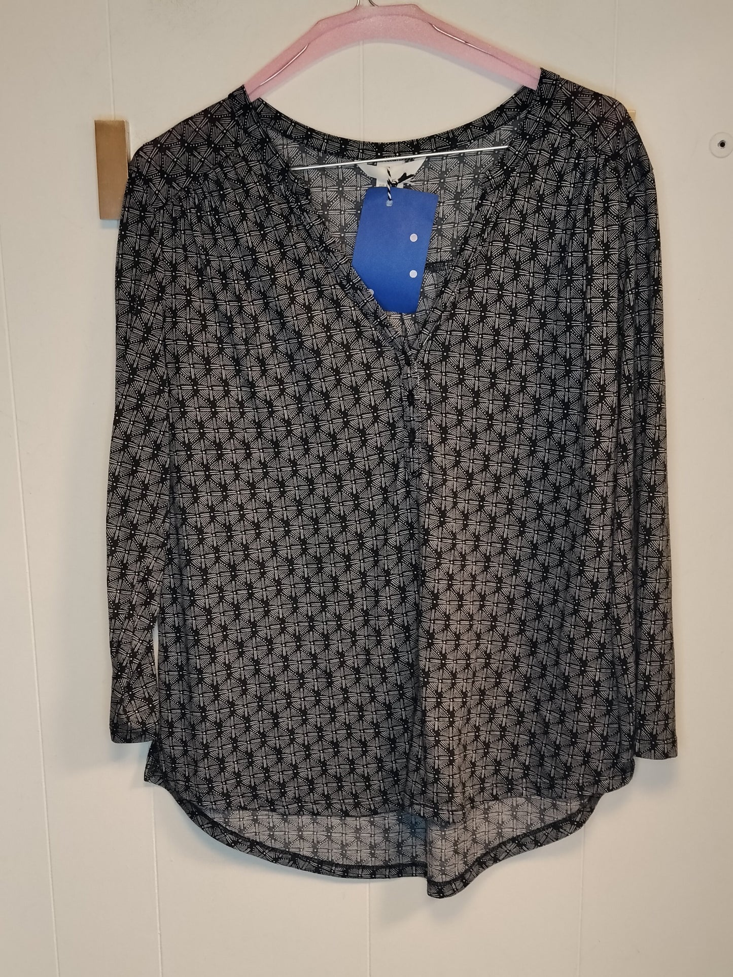 Blusa Donna H&M Fantasia Geometrica Nero Bianco Taglia M Manica Lunga