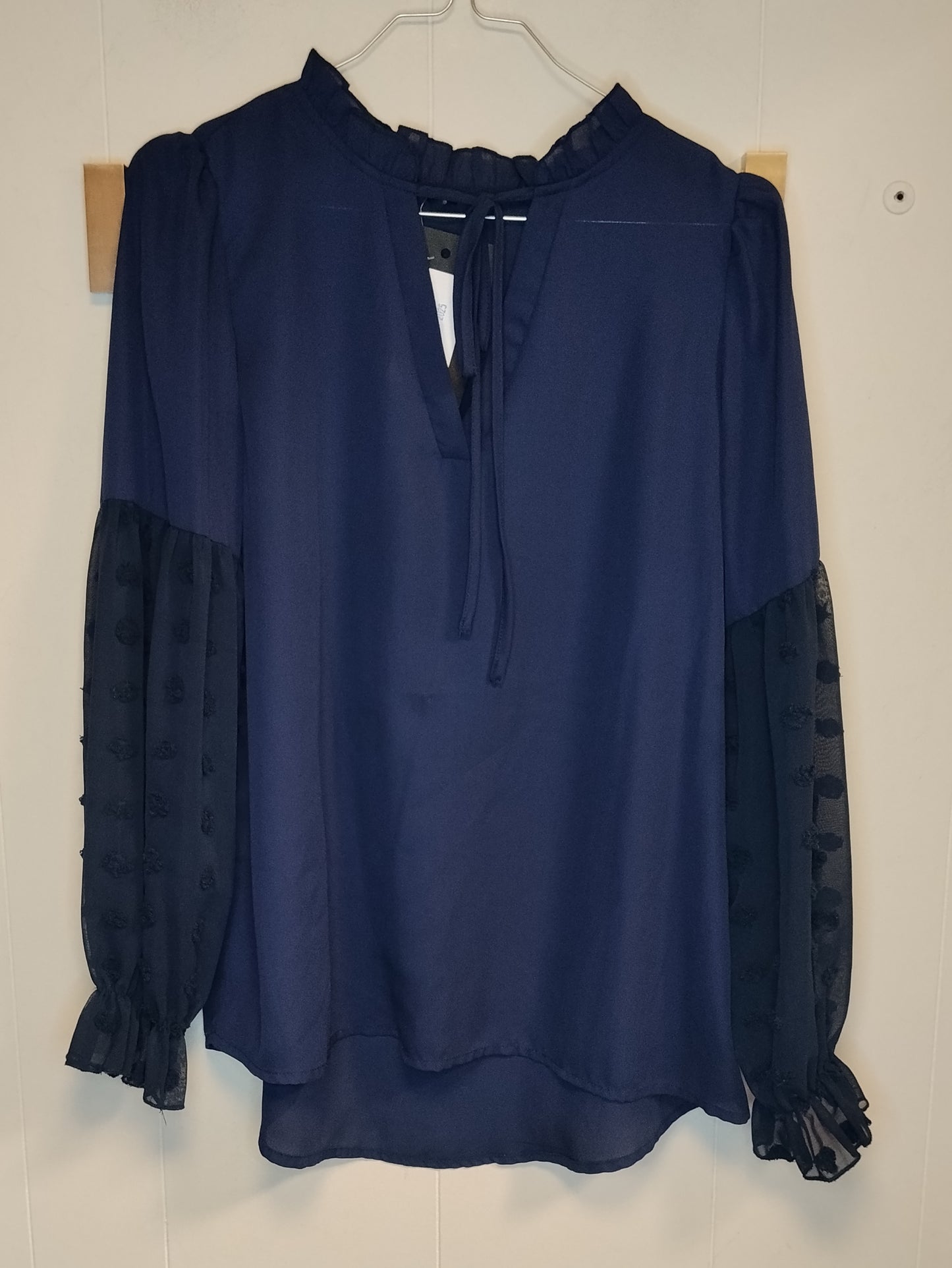 Blusa Donna Blu Navy Maniche Trasparenti in Tulle Ricamato Taglia M
