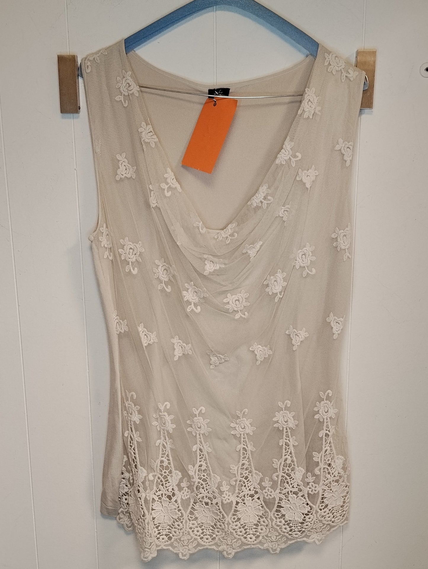 Top Donna Nihy Beige con Pizzo e Tulle Ricamato Taglia L 50 Elegante