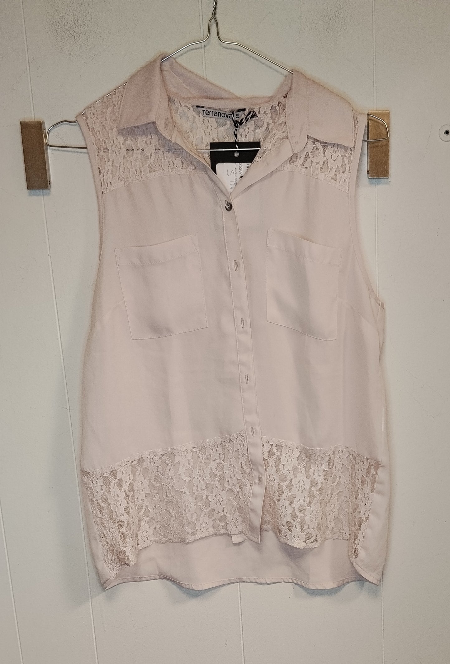 Camicia Donna Terranova Rosa Cipria con Pizzo Taglia S Senza Maniche Elegante Casual