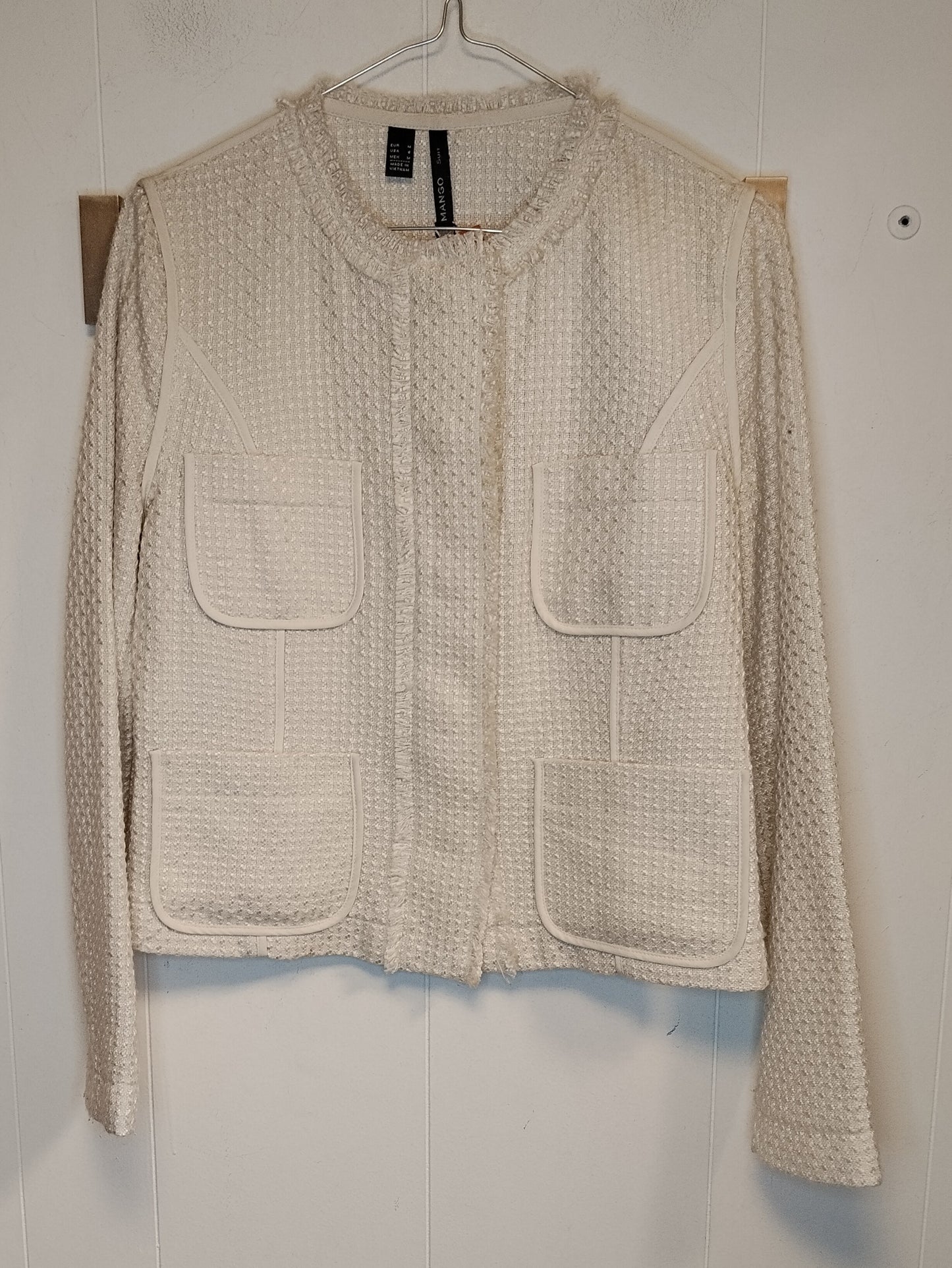 Giacca Donna Mango Bouclé Beige Chiaro Taglia M Elegante con Tasche Stile Chanel