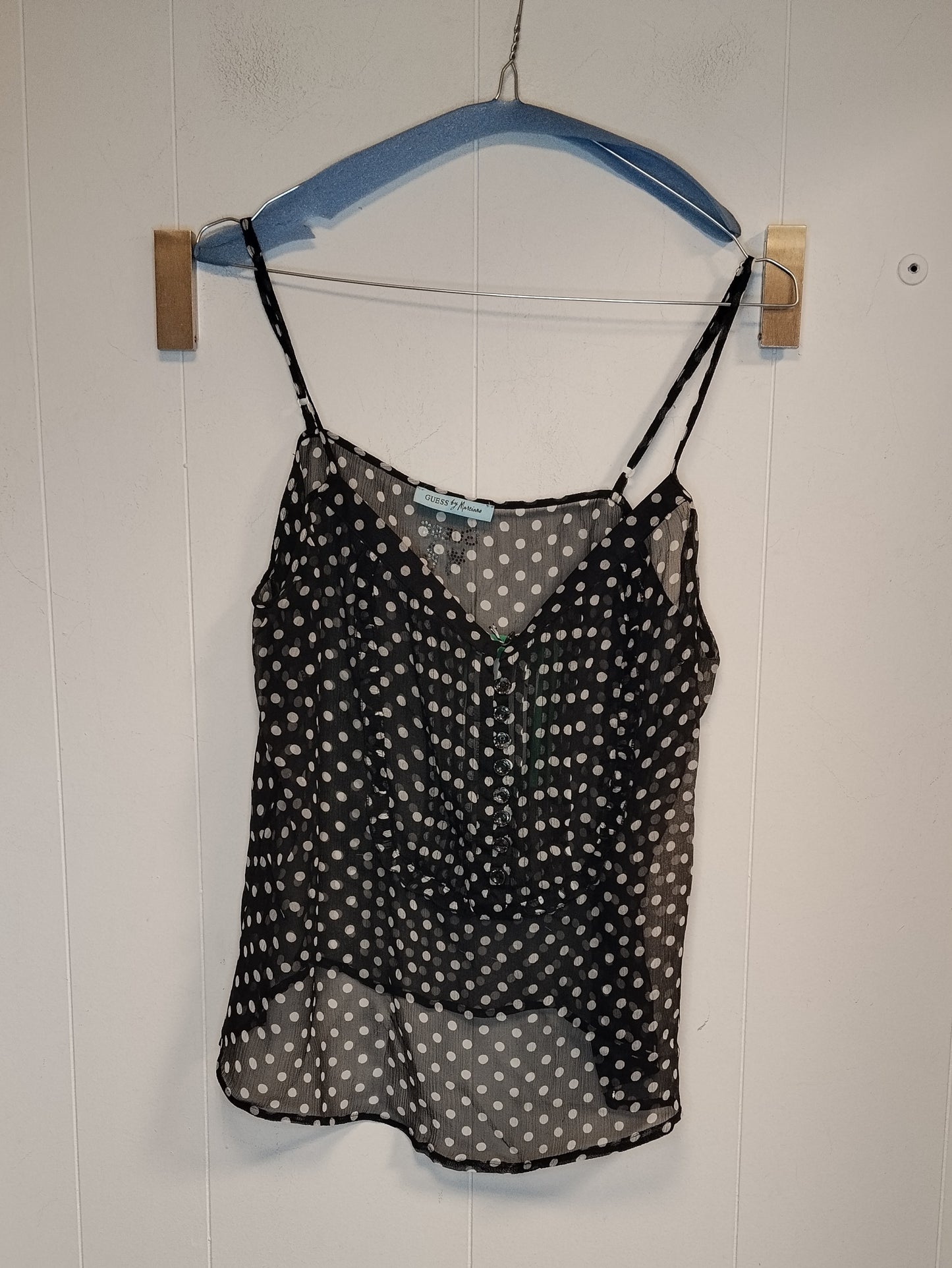 Top Guess Donna Taglia M Nero a Pois Canotta Elegante in Chiffon
