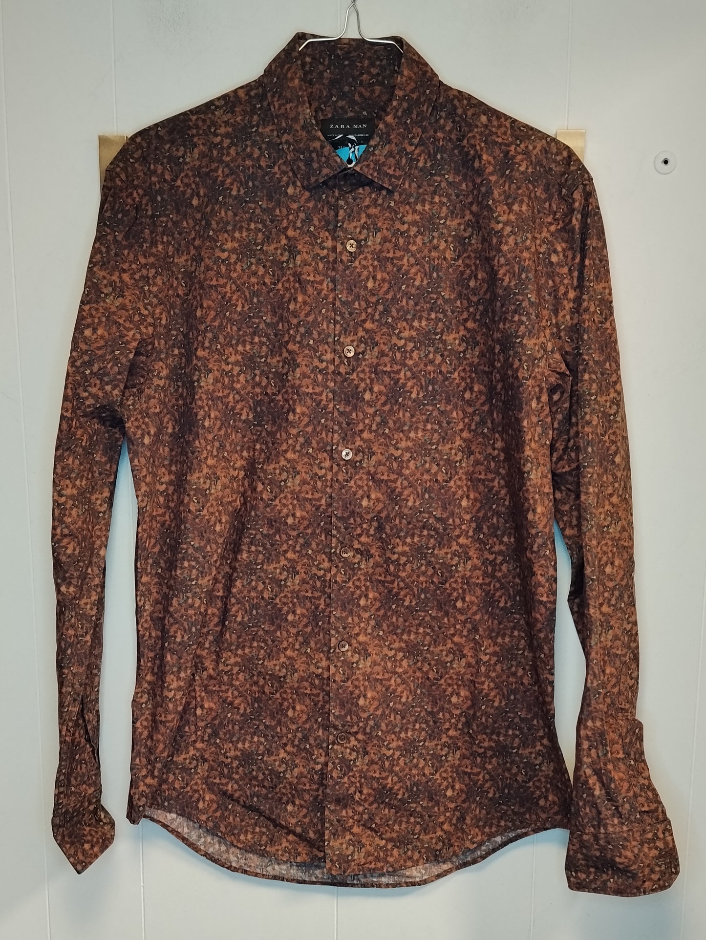 Camicia Uomo Zara Man Slim Fit Fantasia Marrone Manica Lunga Taglia M