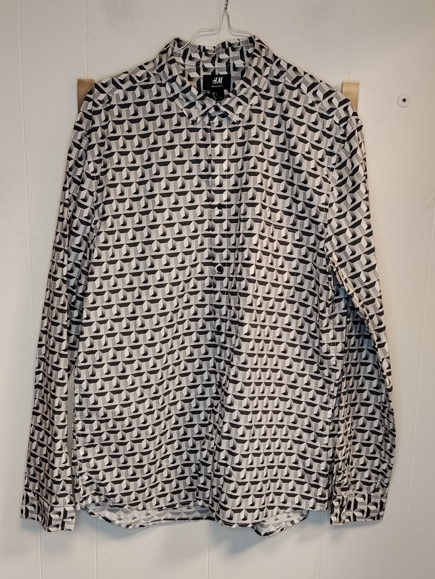 Camicia Uomo H&M Bianca e Nera Fantasia Geometrica Taglia L Manica Lunga