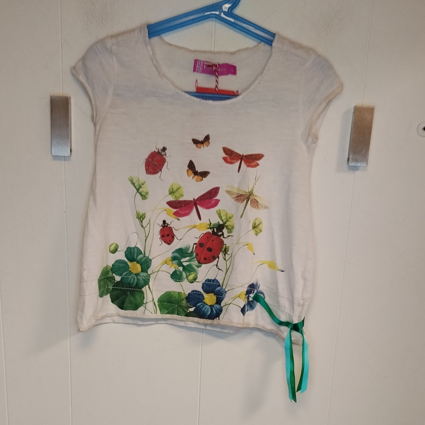 Maglietta Bambina Desigual 4 Anni Bianca con Stampa Coccinelle e Libellule