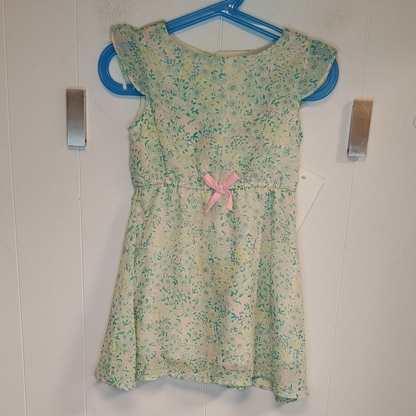 Vestito Bambina H&M 4 Anni Verde Pastello Fantasia Floreale con Fiocco Rosa