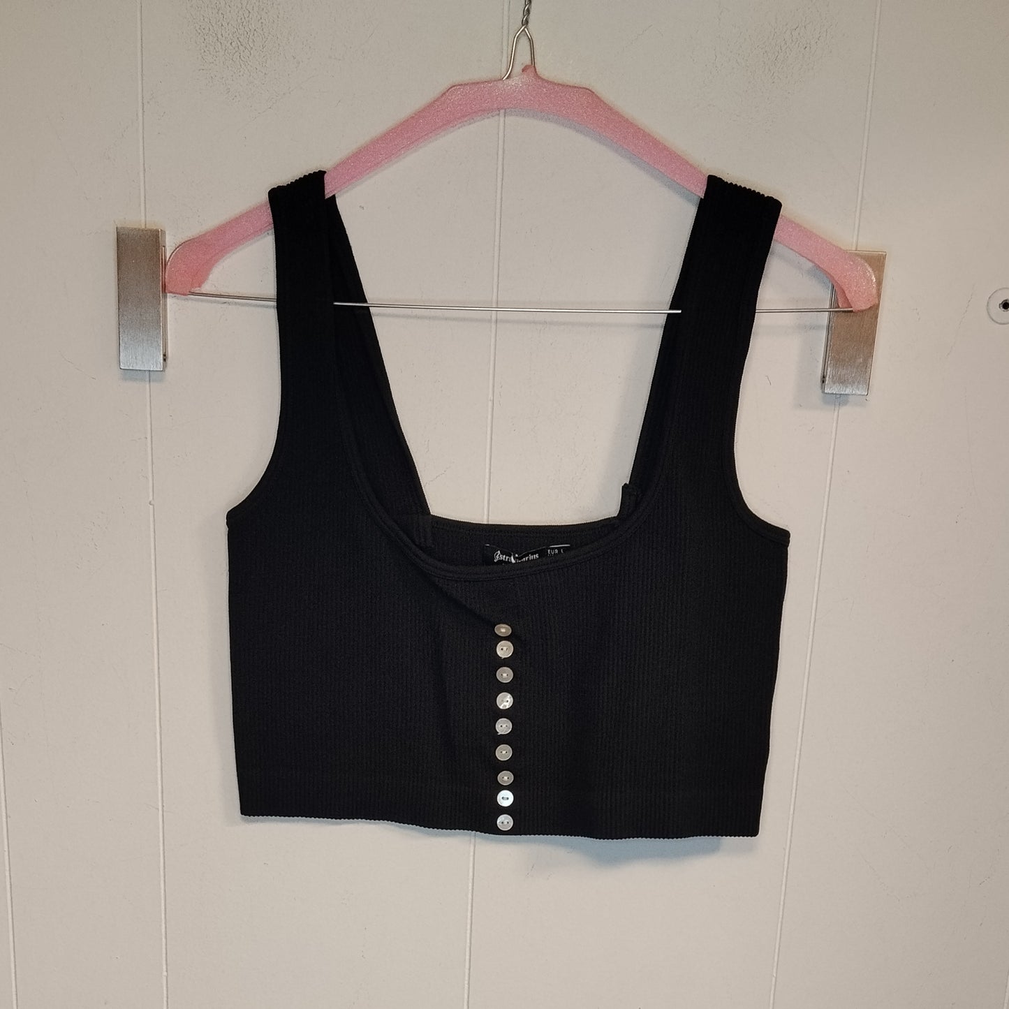 Top Crop Donna Stradivarius Nero a Coste Taglia L con Bottoni Frontali
