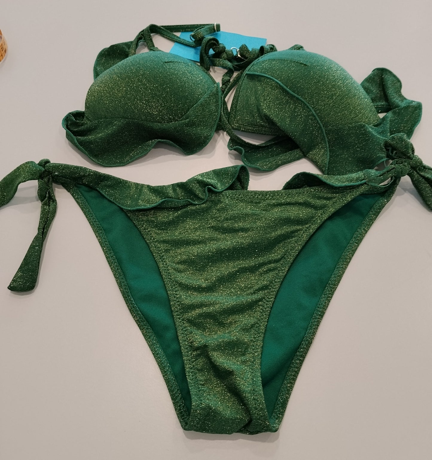 Bikini Donna Power Flower Verde Lurex Taglia 44 con Volant e Push Up