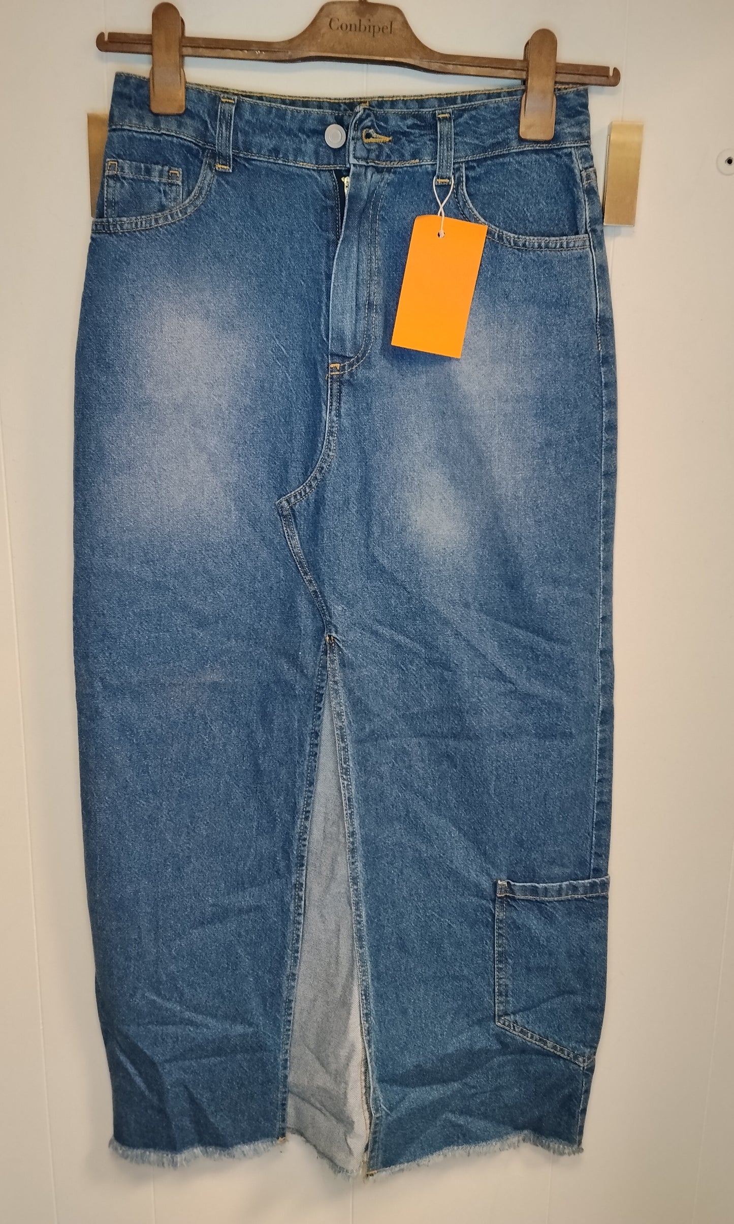 Gonna Lunga Jeans Vic Bee Taglia S Denim Blu Cargo con Spacco Frontale