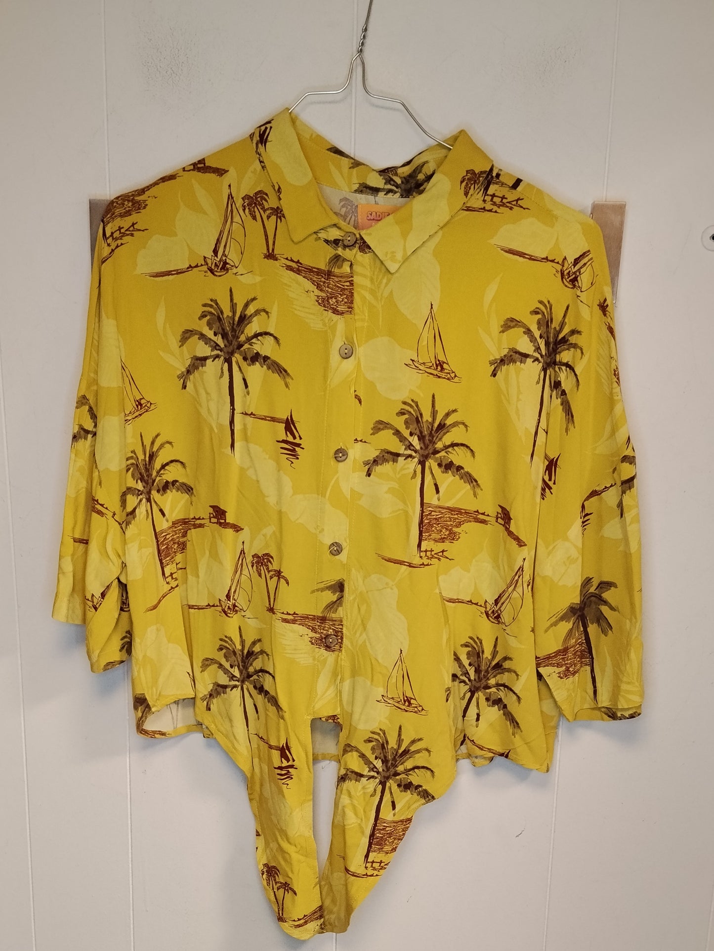 Camicia Donna Pull&Bear Gialla Fantasia Tropicale Taglia M Manica 3/4