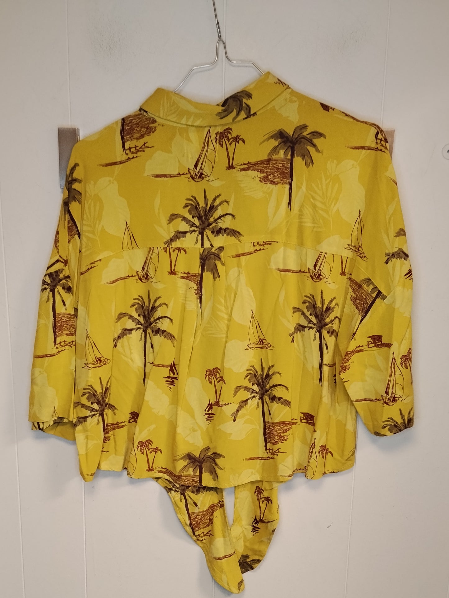 Camicia Donna Pull&Bear Gialla Fantasia Tropicale Taglia M Manica 3/4