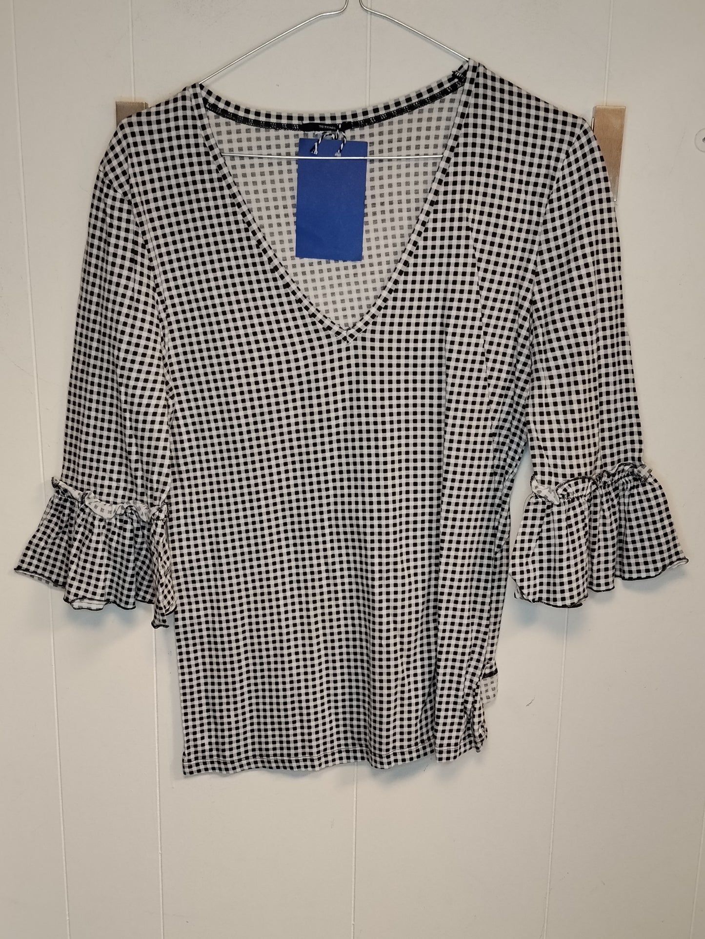 Maglia Tezenis Donna Quadretti Bianco Nero Taglia L Maniche Volant Scollo a V
