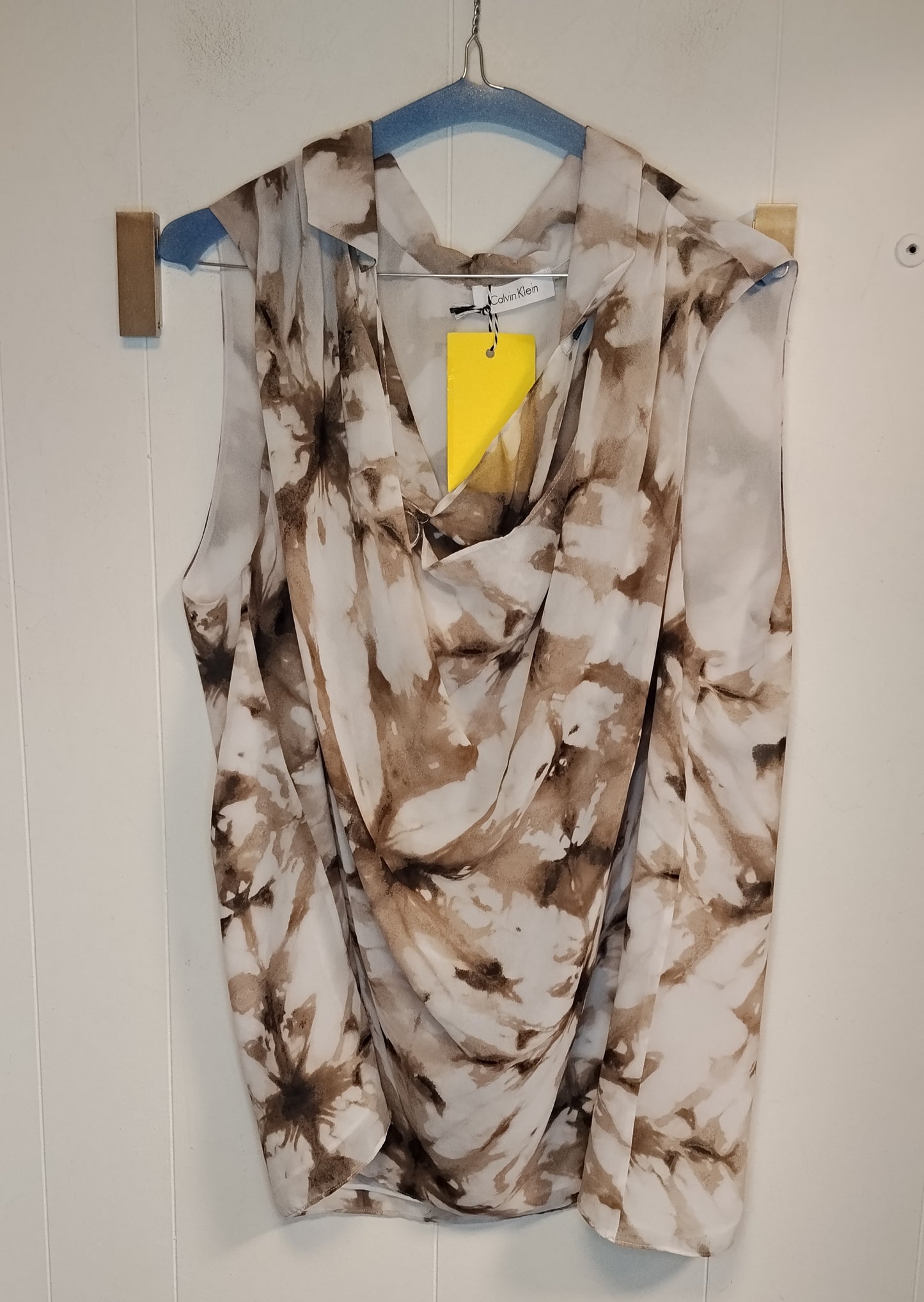 Top Donna Calvin Klein Taglia L Fantasia Beige Drappeggiato Elegante